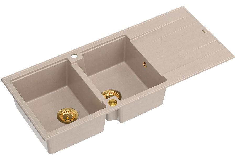 Nakładka Quadri Luton z podwójnym granitowym zlewem w kolorze beż perłowy z częścią ociekową 116x50 cm z złotym korkiem 1208971809 - Productafbeelding 2