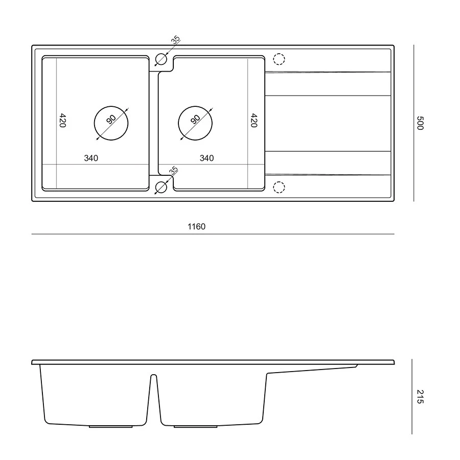 Budowa Quadri Luton z podwójnym granitowym zlewem w kolorze beż perłowy z miejscem do osuszania 116x50 cm z korkiem ze stali nierdzewnej 1208971812 - Productafbeelding 3