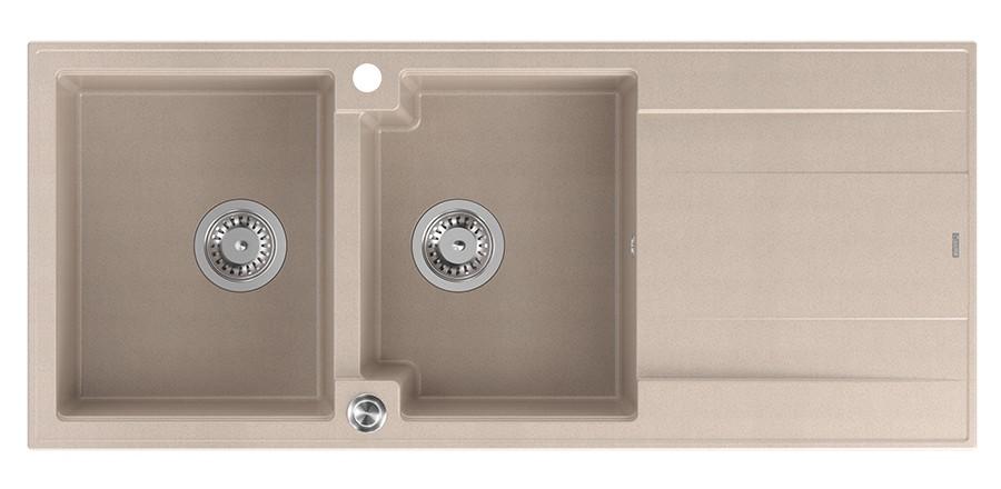 Budowa Quadri Luton z podwójnym granitowym zlewem w kolorze beż perłowy z miejscem do osuszania 116x50 cm z korkiem ze stali nierdzewnej 1208971812 - Productafbeelding
