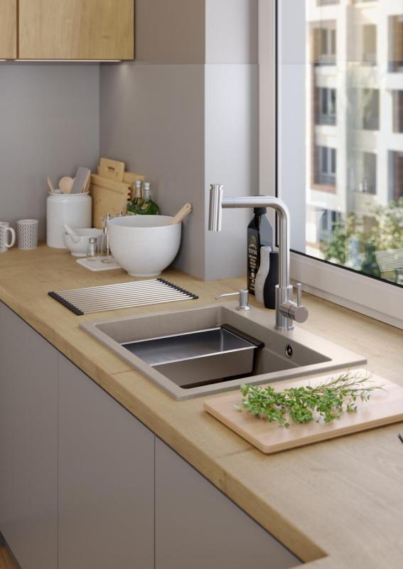 Quadri Durham Pearl Beige granitowy zlew montowany od góry 595x500 z dozownikiem do mydła, deską do krojenia, wkładem do zlewu i matą do rolowania 1208971814