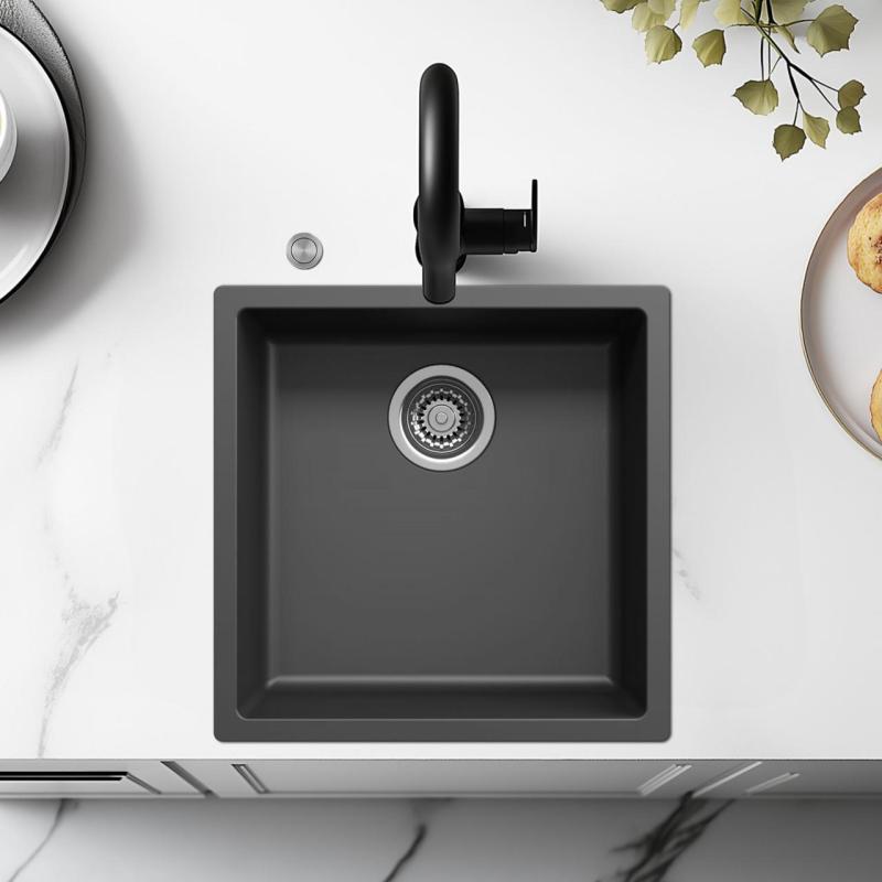 Ausmann Fibre czarny zlew 40x40cm podbudowa, nadbudowa i montaż równoległy z automatyczną stalową zatyczką RVS 1208971836