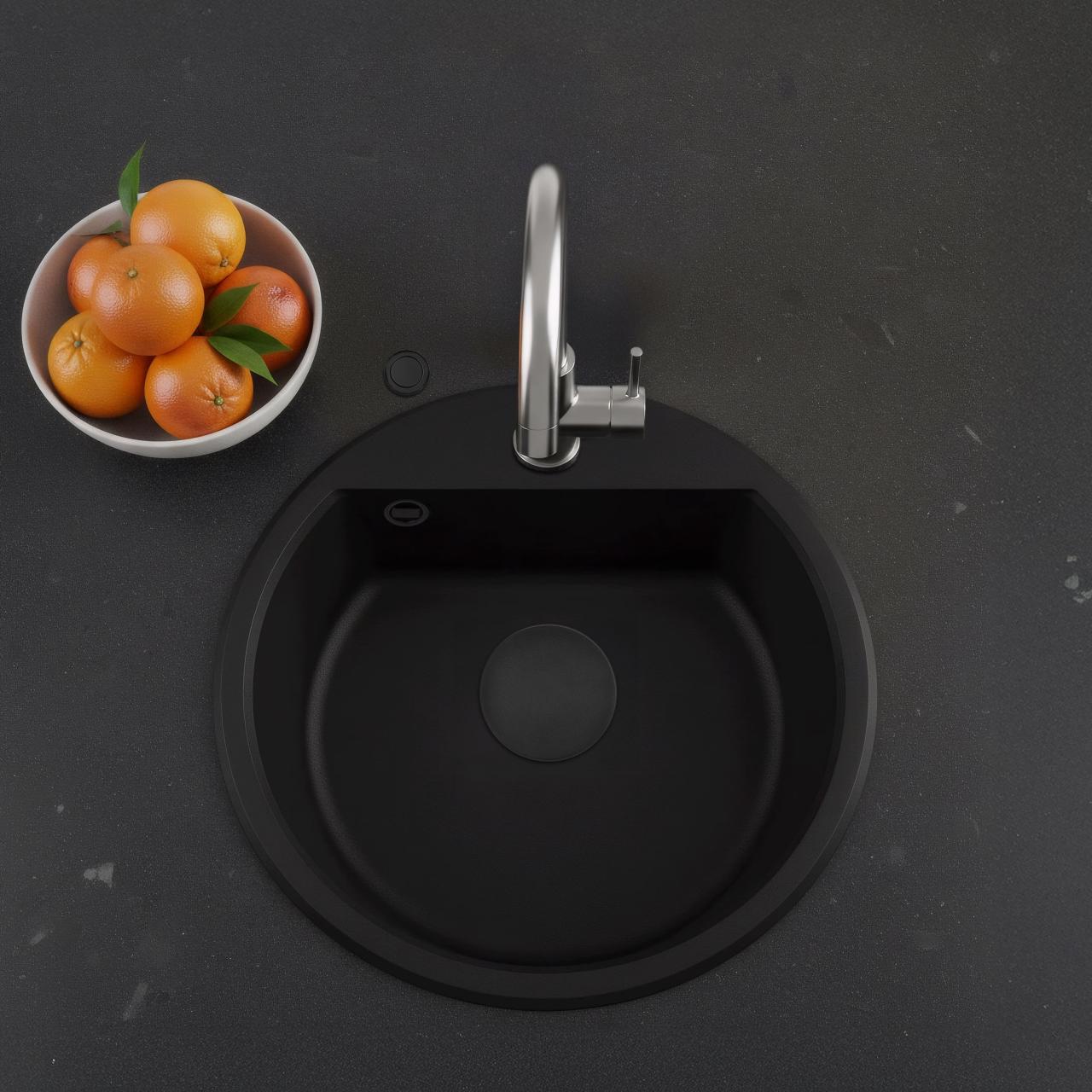 GraniteMy Bremen okrągły granitowy zlew 43 cm czarny, do montażu na wierzchu i na spodzie, z otworem na baterię i automatyczną czarną zatyczką 1208971839