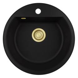 GraniteMy Bremen okrągły granitowy zlewozmywak 43 cm, czarny, do montażu górnego i dolnego, z otworem na kran i złotą zatyczką 1208971841