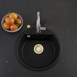 GraniteMy Bremen okrągły granitowy zlew 43 cm, czarny, do montażu na wierzchu i na dole, z otworem na kran i automatyczną złotą zatyczką 1208971843