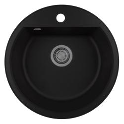 GraniteMy Bremen okrągły granitowy zlew 43 cm czarny, do montażu na wierzchu i na dole, z otworem na kran i automatyczną metalową zatyczką w kolorze ciemnej stali 1208971844