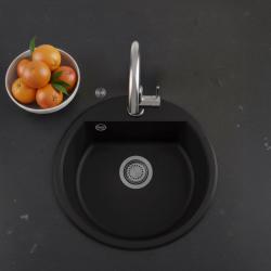 GraniteMy Bremen okrągły granitowy zlew 43 cm czarny, do montażu na wierzchu i na dole, z otworem na kran i automatyczną metalową zatyczką w kolorze ciemnej stali 1208971844