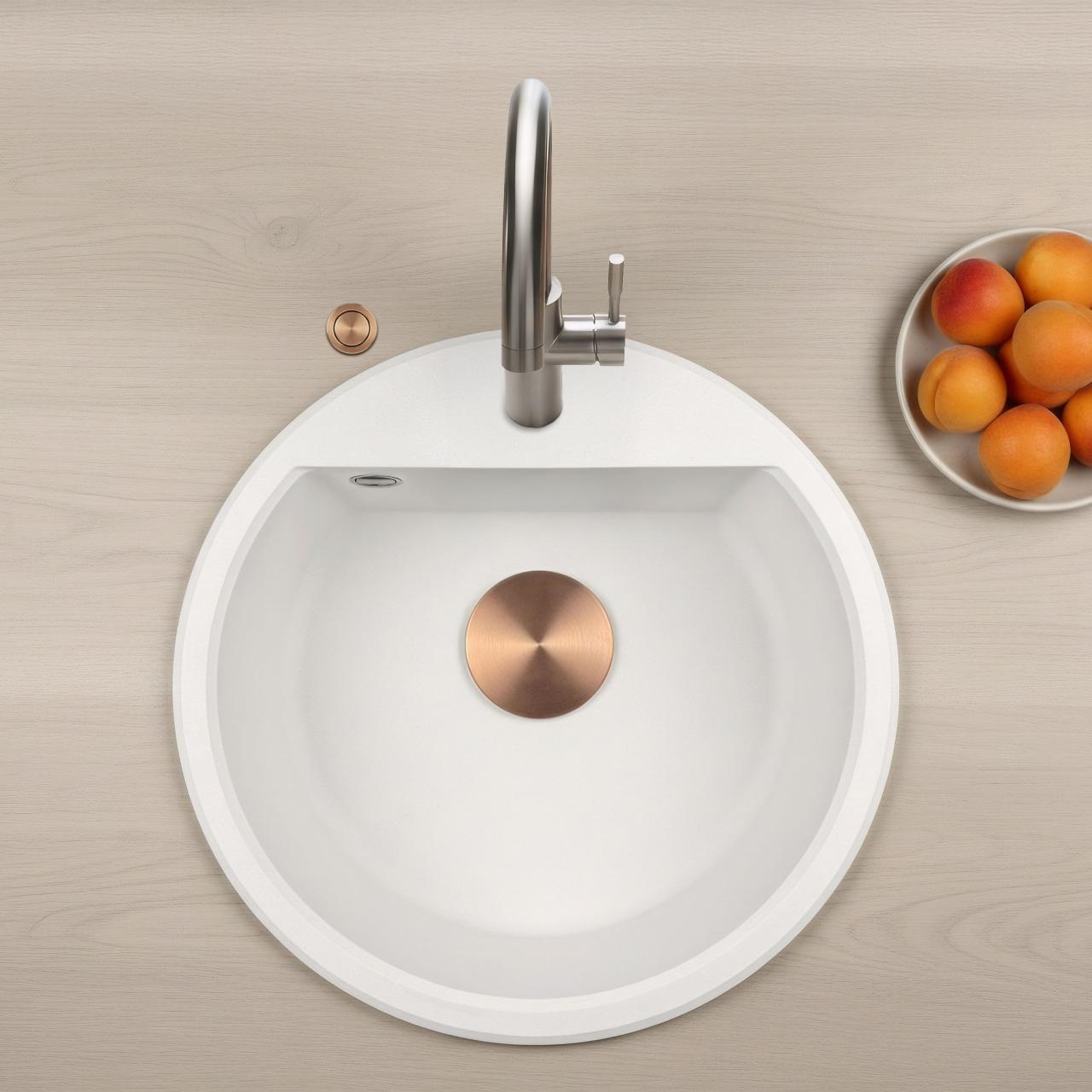 GraniteMy Bremen okrągły granitowy zlew 43 cm biały, do montażu na wierzchu i na spodzie, z otworem na kran i automatycznym korkiem miedzianym 1208971847