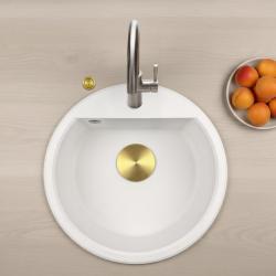 GraniteMy Bremen okrągły granitowy zlew 43 cm biały, do montażu na wierzchu i na dole, z otworem na kran i automatyczną złotą zatyczką 1208971848