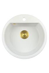 GraniteMy Bremen okrągły granitowy zlew 43 cm biały, do montażu na wierzchu i na dole, z otworem na kran i automatyczną złotą zatyczką 1208971848