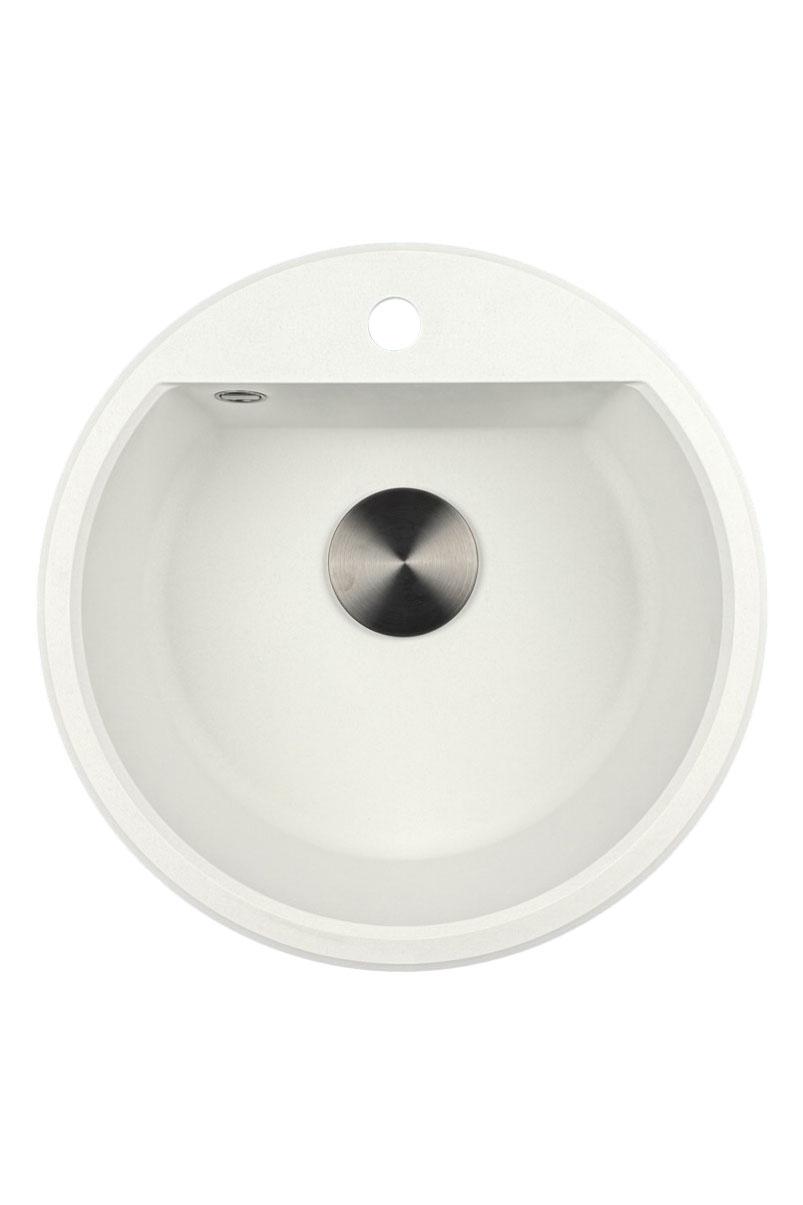 GraniteMy Bremen okrągły granitowy zlew o średnicy 43 cm, biały, do montażu na wierzchu i od spodu, z otworem na kran i automatycznym korkiem w kolorze metalu brązowego 1208971849