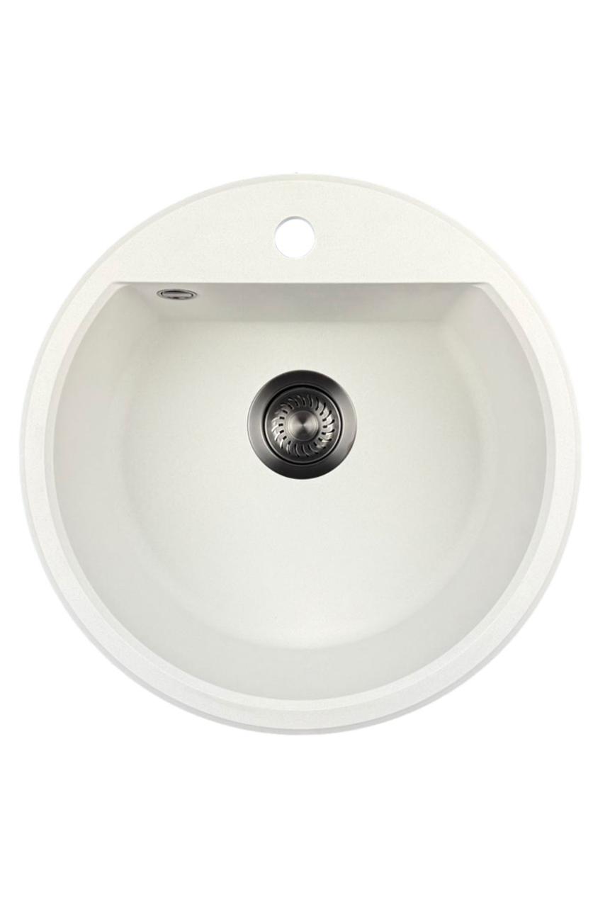 GraniteMy Bremen okrągły granitowy zlew o średnicy 43 cm, biały, do montażu na wierzchu i od spodu, z otworem na kran i automatycznym korkiem w kolorze metalu brązowego 1208971849