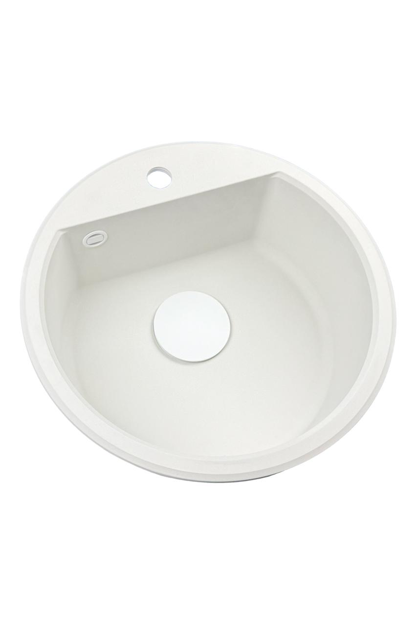 GraniteMy Bremen okrągły granitowy zlew 43 cm biały, do montażu na wierzchu i na dole, z otworem na kran i automatyczną białą wtyczką 1208971850