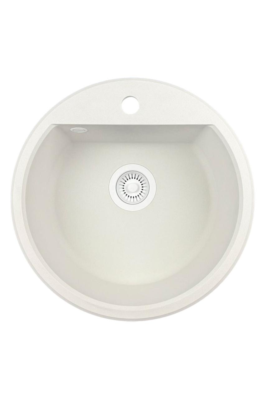 GraniteMy Bremen okrągły granitowy zlew 43 cm biały, do montażu na wierzchu i na dole, z otworem na kran i automatyczną białą wtyczką 1208971850