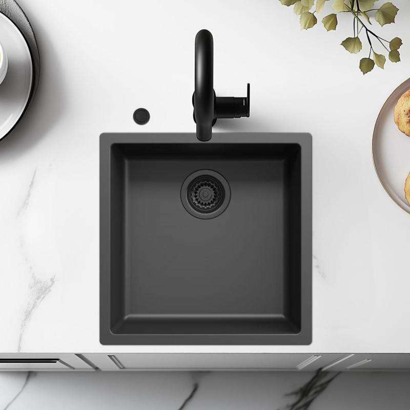 Ausmann Fibre czarny zlew 40x40cm do montażu podblatowego, nablatowego i płaskiego z automatyczną czarną zatyczką 1208971851