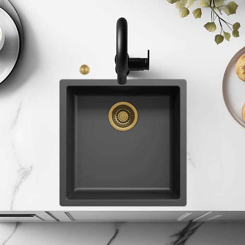 Ausmann Fibre czarny zlew 40x40cm podbudowa, nadbudowa i montaż równoległy z automatyczną złotą wtyczką 1208971853