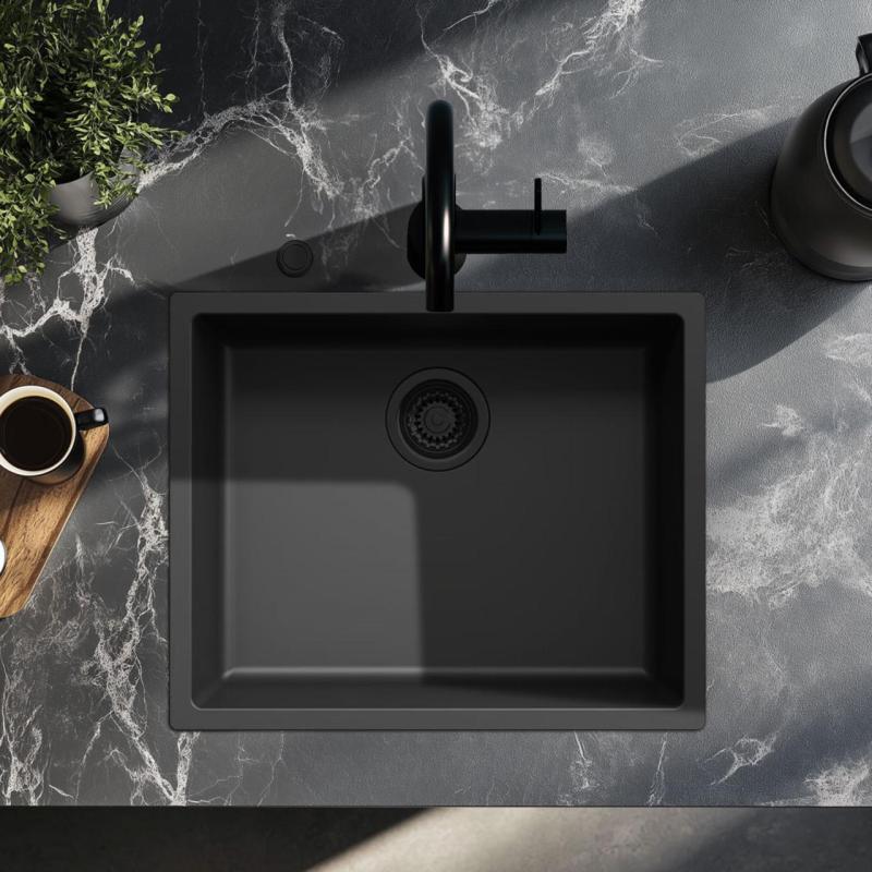 Ausmann Fibre czarny zlew 50x40cm do montażu pod, na i równo z blatem z automatyczną czarną wtyczką 1208971856
