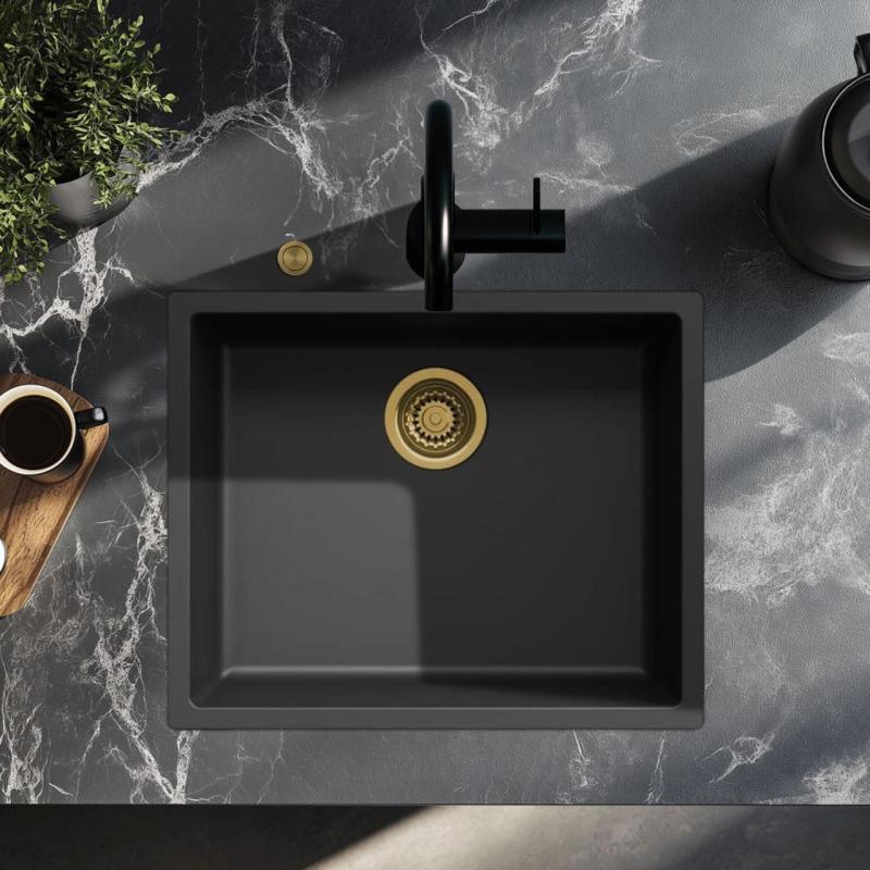 Ausmann Fibre czarny zlew 50x40cm podbudowa, nadbudowa i płaski montaż z automatyczną złotą wtyczką 1208971859