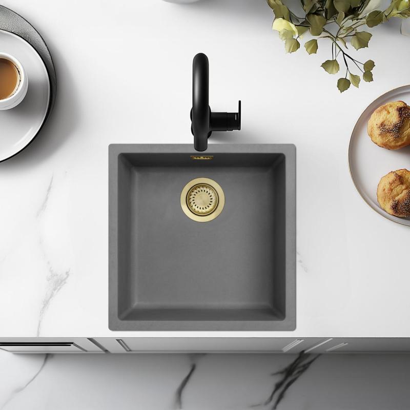 Ausmann Fibre betonowy szary zlew 40x40cm do montażu pod, na i równo z blatem z złotą wtyczką 1208971881