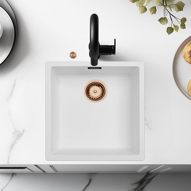 Ausmann Fibre biały zlew 40x40cm podblatowy, nablatowy i równy z automatyczną miedzianą zatyczką 1208971893