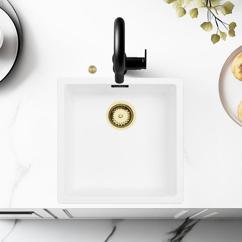 Ausmann Fibre biały zlew 40x40cm podblatowy, wpuszczany i montowany na płasko z automatyczną złotą zatyczką 1208971894