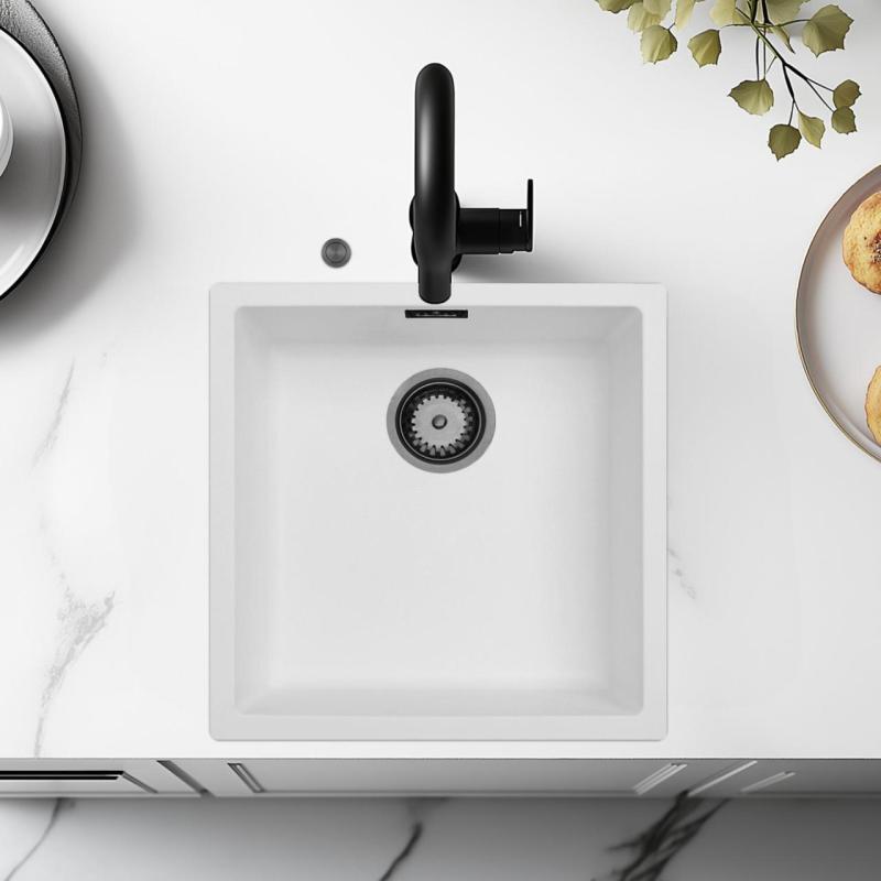 Ausmann Fibre biały zlew 40x40cm podbudowa, nadbudowa i montaż równoległy z automatyczną metalową zatyczką w kolorze brązowym 1208971895