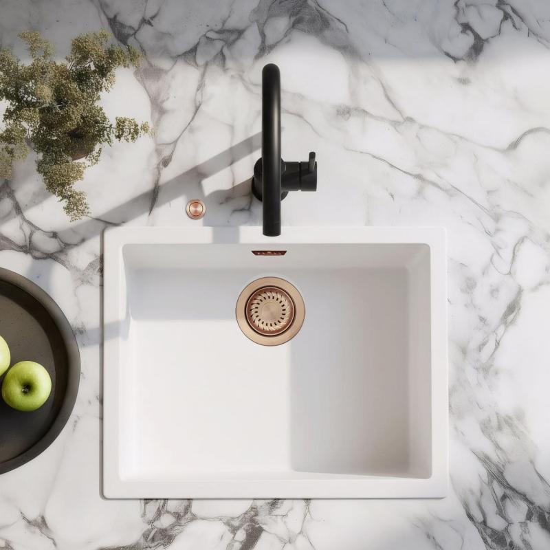 Ausmann Fibre biały zlew 50x40cm podbudowa, nadbudowa i montaż równoległy z automatycznym miedzianym korkiem 1208971900