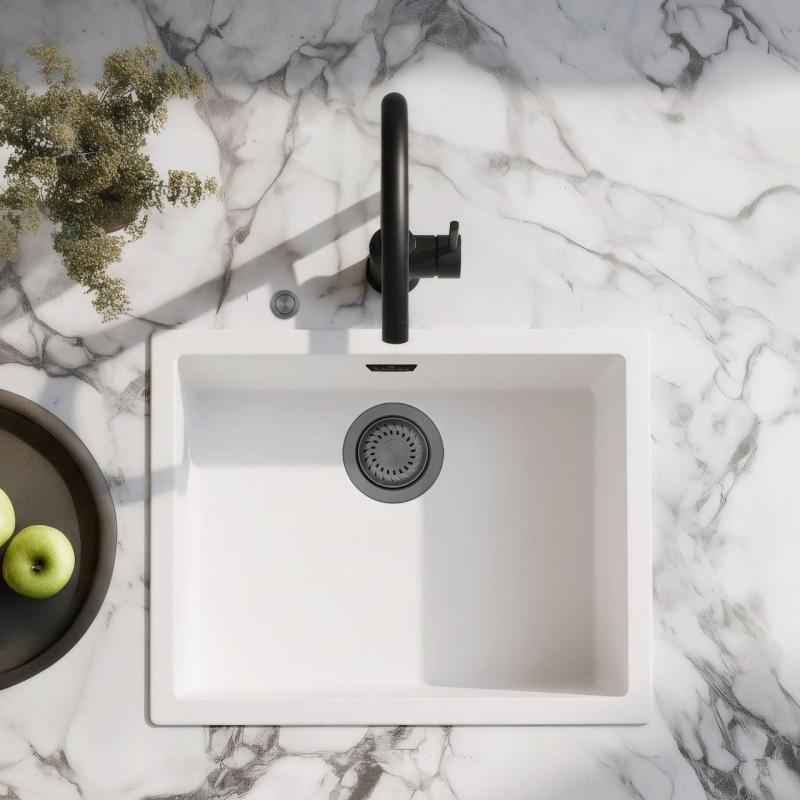 Ausmann Fibre biały zlew 50x40cm do montażu pod, na i równo z blatem z automatyczną metalową zatyczką w kolorze gun metal 1208971902