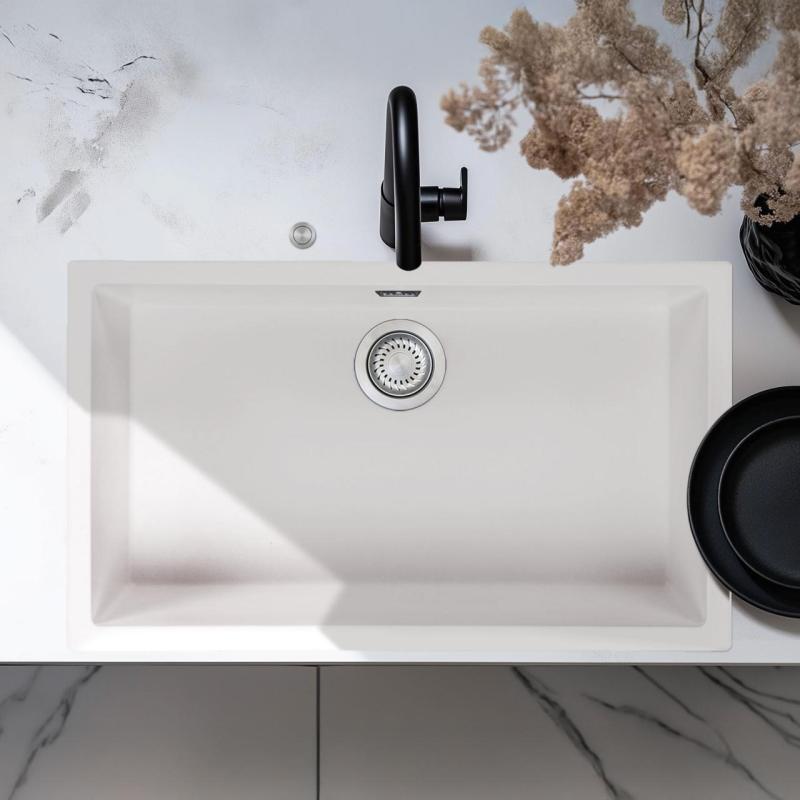 Ausmann Fibre biały duży zlew 70x40cm podbudowa, nadbudowa i płaskie montowanie z automatyczną stalową wtyczką RVS 1208971904