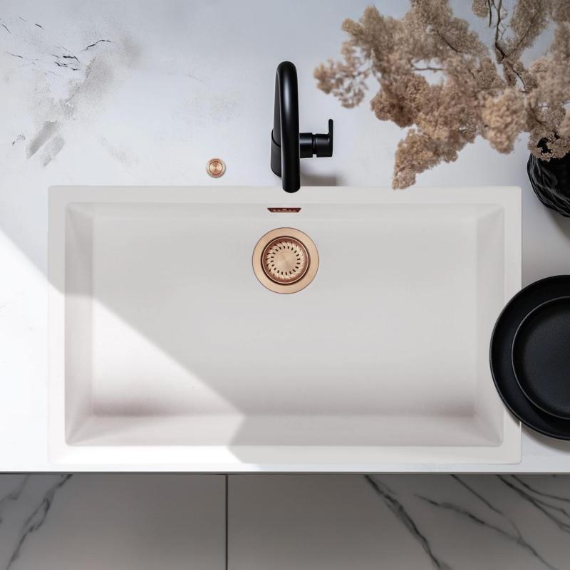 Ausmann Fibre biały duży zlew 70x40cm do montażu pod, na i wpuszczany z automatyczną miedzianą zatyczką 1208971906