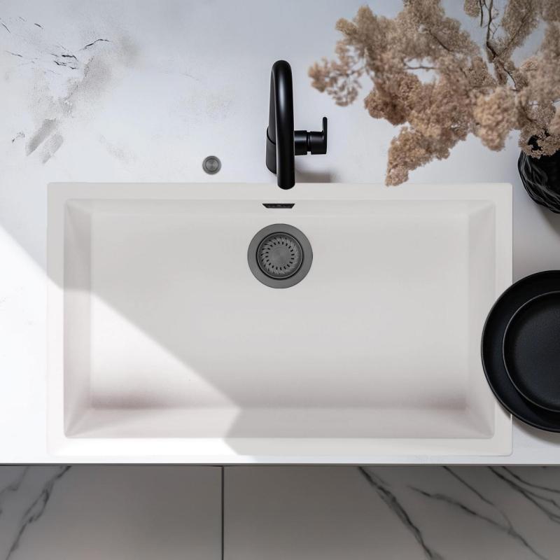 Ausmann Fibre biały duży zlew 70x40cm podbudowa, zabudowa i montaż płaski z automatyczną metalową zatyczką w kolorze gun metal 1208971908