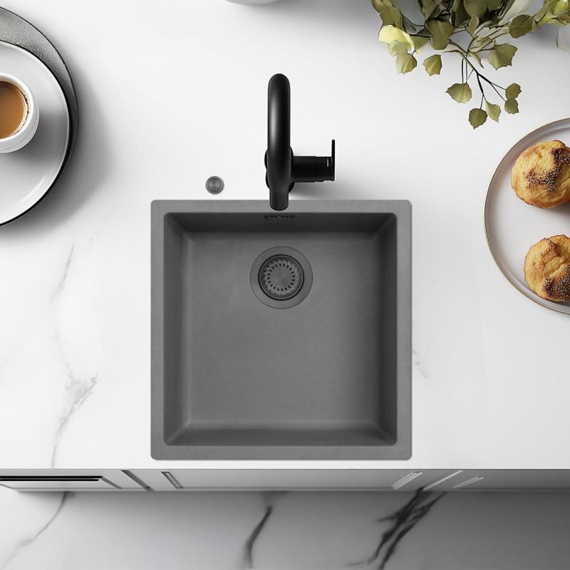 Ausmann Fibre betonowy szary zlew 40x40cm podbudowa, nadbudowa i montaż równoległy z automatyczną metalową zatyczką w kolorze brązowego mosiądzu 1208971914