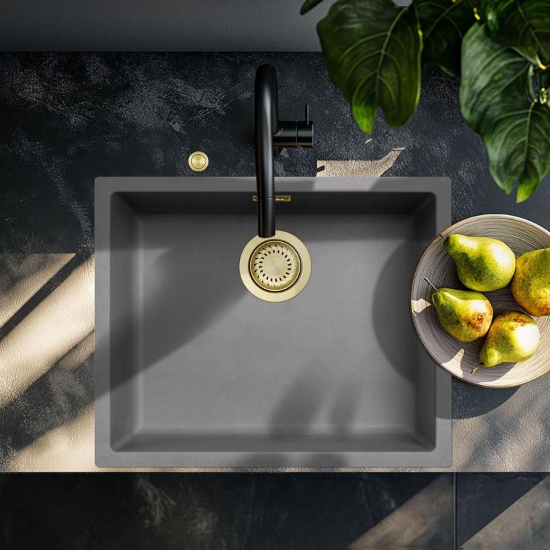 Ausmann Fibre betonowy zlew w kolorze szarym 50x40cm do montażu podblatowego, nakładanego i płaskiego z automatycznym złotym korkiem 1208971918