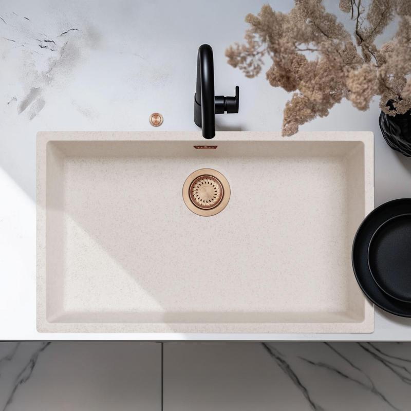 Ausmann Fibre biały piasek duży zlew 70x40cm podwieszany, wpuszczany i montowany na płasko z automatyczną miedzianą zatyczką 1208971937