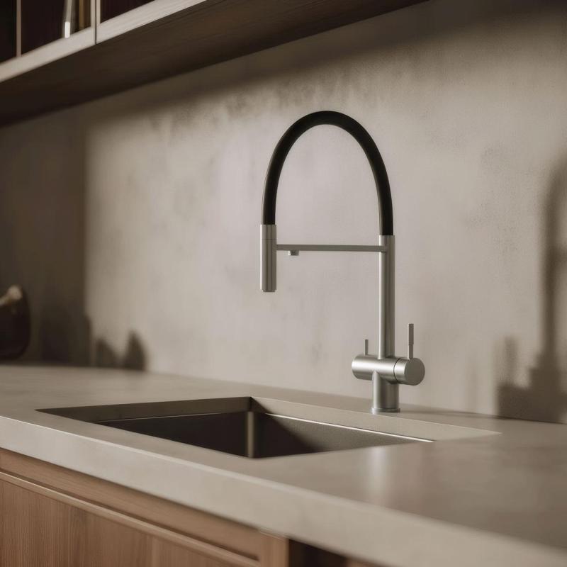 Pure.Sink Elite Steel Flex 3-drożny stalowy kran kuchenny z elastycznym wylewem i filtrowaną wodą PS8110-02