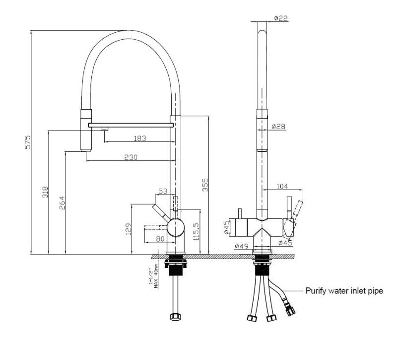 Pure.Sink Elite Steel Flex 3-drożny PVD szczotkowane złoto kran kuchenny z elastycznym wylewem i filtrowaną wodą PS8110-60