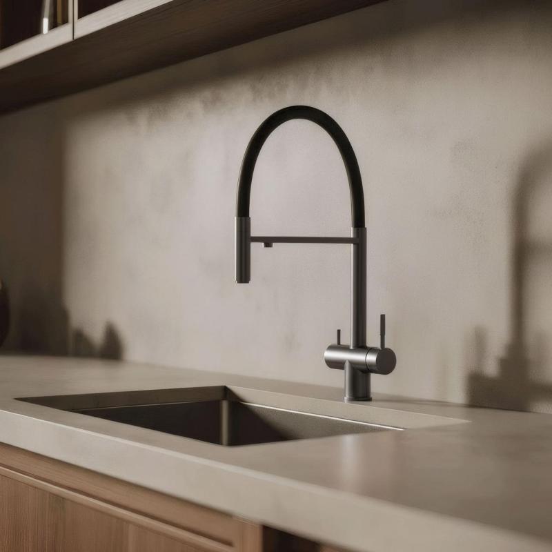 Pure.Sink Elite Steel Flex 3-drożny kran kuchenny PVD z metalu pistoletowego z elastycznym wylewem i filtrowaną wodą PS8110-61