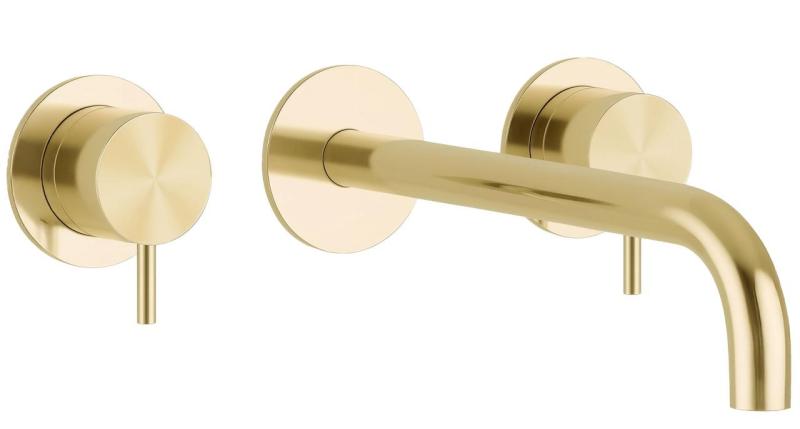 Waterevolution Flow 3-otworowa bateria umywalkowa do montażu podtynkowego PVD białe złoto z wylewką 15 cm T1163FWGE-15