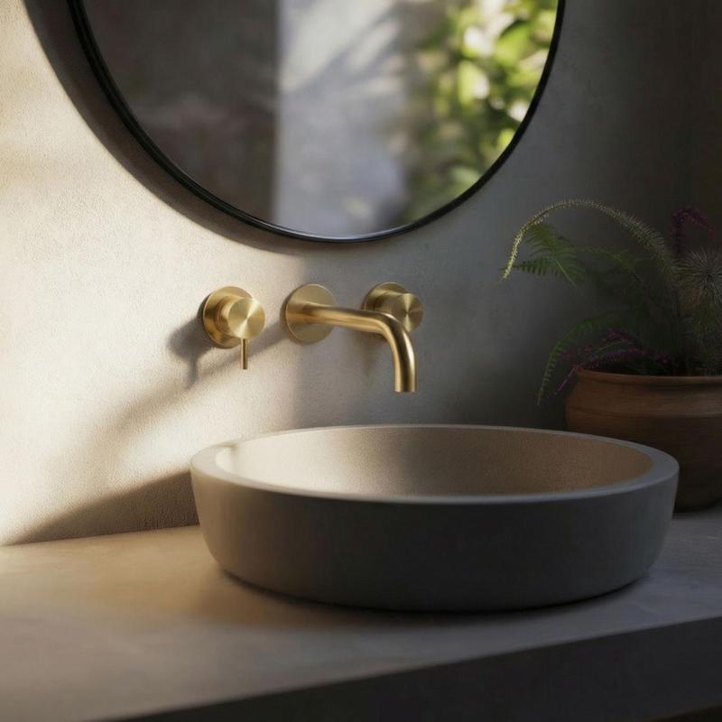 Waterevolution Flow 3-otworowa bateria umywalkowa do montażu podtynkowego PVD białe złoto z wylewką 15 cm T1163FWGE-15