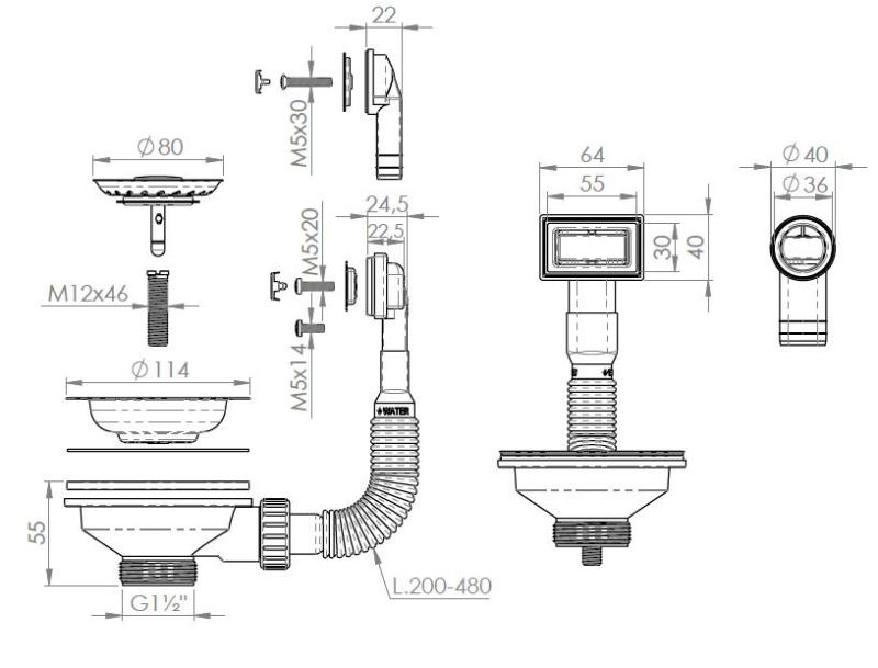 Pure.Sink Universal Zestaw korków miedzianych, zestaw odpływowy do zlewu wraz z przelewem okrągłym i prostokątnym WSTMAN-62