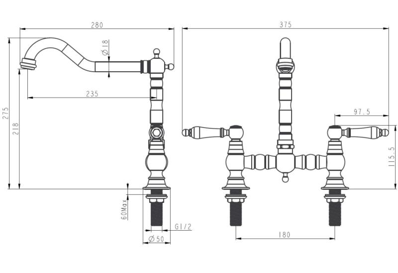 Aquanello Heritage Manor Klasyczna bateria kuchenna w stylu retro z mostkiem, w kolorze brązowym z białą rączką BN-0010-HM