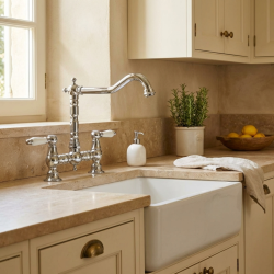 Aquanello Heritage Manor Klasyczna kuchnia Nostalgiczny most Bateria kuchenna Chrom z białą rączką CR-0010-HM