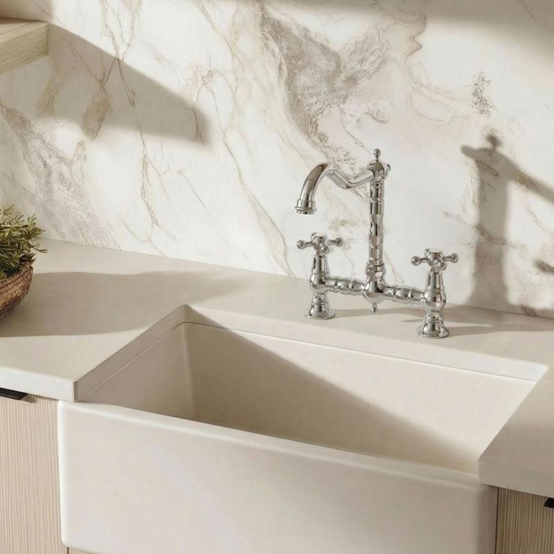Aquanello Heritage Ascot Klasyczna bateria kuchenna w stylu retro z uchwytami krzyżowymi, chromowana, model CR-0011-HM