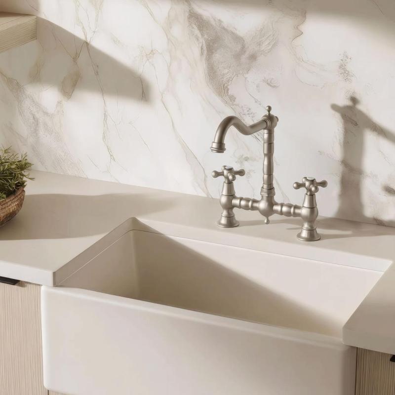 Aquanello Heritage Ascot Klasyczna bateria kuchenna w stylu retro z mostkiem, ze stali nierdzewnej i uchwytami krzyżowymi NB-0011-HM