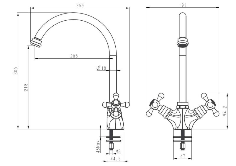Aquanello Heritage Ascot Klasyczna bateria kuchenna w stylu retro, czarna z okrągłą wylewką BL-4003-HA