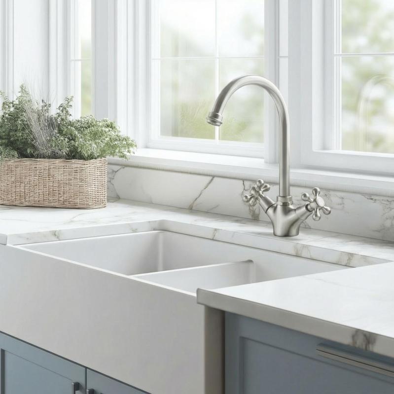 Aquanello Heritage Ascot Klasyczna bateria kuchenna w stylu retro ze stali nierdzewnej z okrągłą wylewką NB-4003-HA