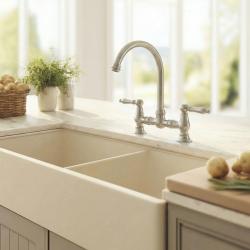 Aquanello Heritage Manor Klasyczna bateria kuchenna w stylu retro z chromowanym korpusem, białą rączką i okrągłą wylewką CR-4001-HA