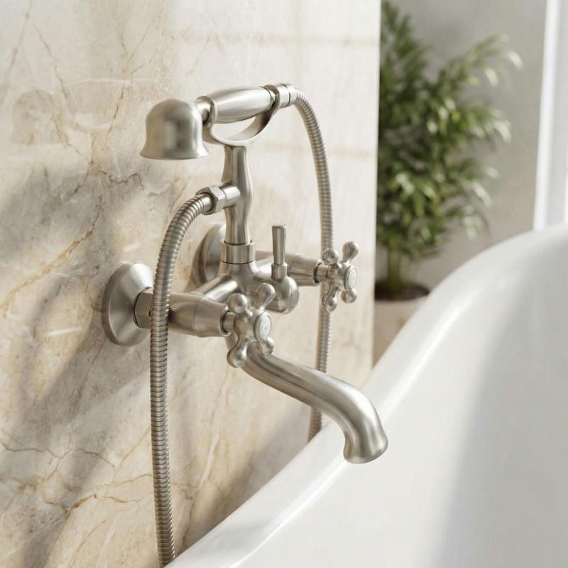 Aquanello Heritage Ascot Klasyczna bateria wannowa z pokrętłami ze stali nierdzewnej, w zestawie z ręczną słuchawką prysznicową NB-3002-HA