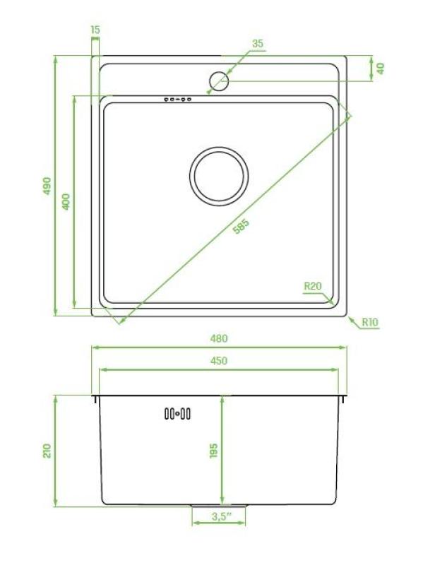 Aquadesign Plana Nierdzewna umywalka nablatowa 48 x 49 cm z otworem na baterię, syfonem i korkiem Clickclack 1208972559