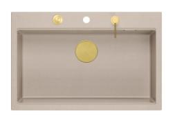 Quadri Hard Rock Beżowa granitowa umywalka nablatowa o wymiarach 76 x 50 cm, w zestawie ze złotym korkiem i akcesoriami 1208972701