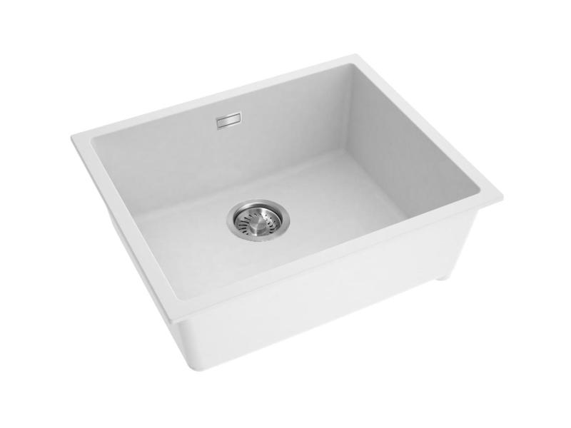 Pure.Sink Eternal Biała umywalka kwarcowa 50 x 40 cm do montażu podblatowego i nadblatowego z automatycznym korkiem ze stali nierdzewnej
